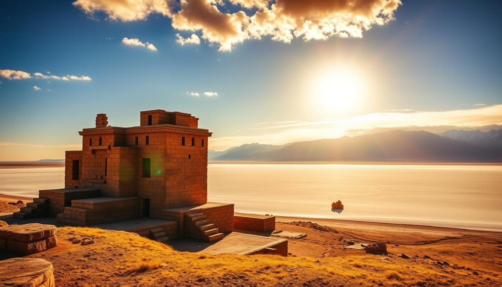 A stunning panoramic view of Bolivia's historical marvels, captured under a vibrant, golden-hour sky. In the foreground, the iconic sun-drenched ruins of Tiwanaku, an ancient pre-Columbian civilization, stand tall and proud, their intricate stone carvings casting dramatic shadows. In the middle ground, the majestic Salar de Uyuni, the world's largest salt flat, reflects the surrounding landscape, creating a mesmerizing, mirror-like effect. In the distance, the snow-capped peaks of the Andes mountains rise majestically, evoking a sense of timeless grandeur. The scene is bathed in a warm, cinematic lighting, conveying the rich cultural heritage and natural wonders that make Bolivia a truly captivating destination.