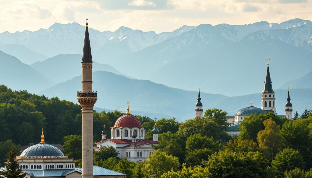 A stunning vista of Bosnia's diverse religious landscape. In the foreground, the iconic minarets of a grand mosque pierce the sky, their ornate spires reflecting the sun's warm glow. In the middle ground, the domes and steeples of an Eastern Orthodox church and a Catholic cathedral stand in harmonious contrast, surrounded by lush, verdant foliage. In the distant background, the rugged, snow-capped peaks of the Dinaric Alps create a majestic backdrop, evoking a sense of timeless tranquility. The scene is bathed in soft, diffused natural lighting, creating a serene and reverent atmosphere that captures the rich tapestry of Bosnia's religious heritage.