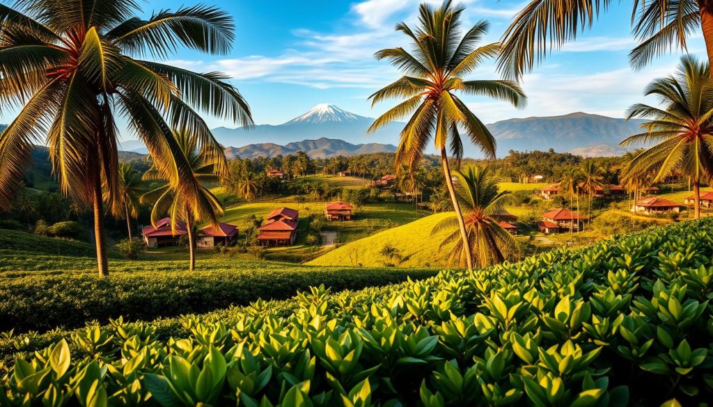 A stunning vista of lush, verdant Colombian coffee fields unfolds before us, dotted with towering palm trees and bathed in warm, golden sunlight. In the foreground, rows of vibrant green coffee bushes stretch out, their leaves glistening with morning dew. The middle ground is dominated by rolling hills adorned with the signature red-roofed haciendas, where the country's renowned coffee is carefully harvested and processed. Framing the scene, the distant Andes mountains rise majestically, their snow-capped peaks piercing the azure sky. A sense of tranquility and natural abundance permeates the air, capturing the essence of Colombia's unparalleled coffee culture and stunning natural wonders. A stunning vista of lush, verdant Colombian coffee fields unfolds before us, dotted with towering palm trees and bathed in warm, golden sunlight. In the foreground, rows of vibrant green coffee bushes stretch out, their leaves glistening with morning dew. The middle ground is dominated by rolling hills adorned with the signature red-roofed haciendas, where the country's renowned coffee is carefully harvested and processed. Framing the scene, the distant Andes mountains rise majestically, their snow-capped peaks piercing the azure sky. A sense of tranquility and natural abundance permeates the air, capturing the essence of Colombia's unparalleled coffee culture and stunning natural wonders.