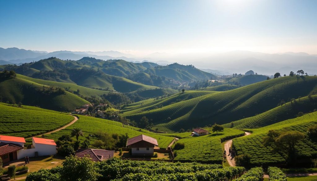 A sunlit landscape of lush, verdant hills dotted with rows of thriving coffee plants. In the foreground, a quaint village nestled among the greenery, its red-tiled roofs and whitewashed walls casting long shadows. Winding paths lead through the rolling terrain, past small family-owned farms where workers carefully tend to the precious coffee cherries. In the distance, the hazy silhouettes of the Andes Mountains rise majestically, their peaks capped with snow. The scene is imbued with a sense of tranquility and timelessness, capturing the essence of Colombia's renowned coffee-growing region. A sunlit landscape of lush, verdant hills dotted with rows of thriving coffee plants. In the foreground, a quaint village nestled among the greenery, its red-tiled roofs and whitewashed walls casting long shadows. Winding paths lead through the rolling terrain, past small family-owned farms where workers carefully tend to the precious coffee cherries. In the distance, the hazy silhouettes of the Andes Mountains rise majestically, their peaks capped with snow. The scene is imbued with a sense of tranquility and timelessness, capturing the essence of Colombia's renowned coffee-growing region.