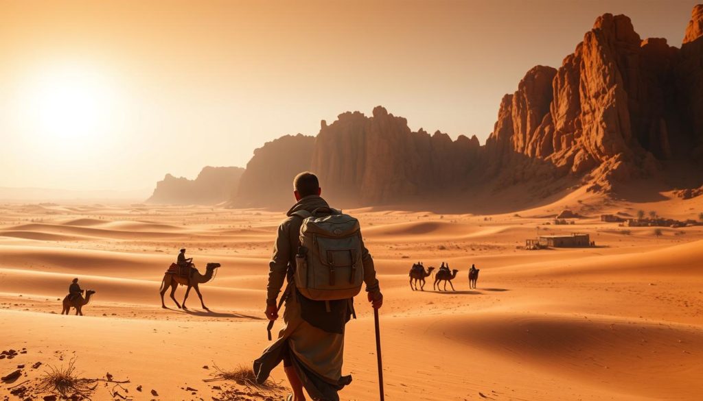 A sweeping landscape of Chad's vast desert expanse, with towering dunes and sinewy rock formations casting dramatic shadows under the warm, golden light of the midday sun. In the foreground, a lone traveler navigates the rugged terrain, carrying a weathered backpack and a walking stick, their silhouette framed against the boundless horizon. The middle ground reveals a caravan of camels, their patient gaits and ornate trappings reflecting the region's rich cultural heritage. In the distance, the silhouettes of ancient mud-brick structures and palm trees hint at the intriguing cultural routes that wind through this arid, yet captivating land.