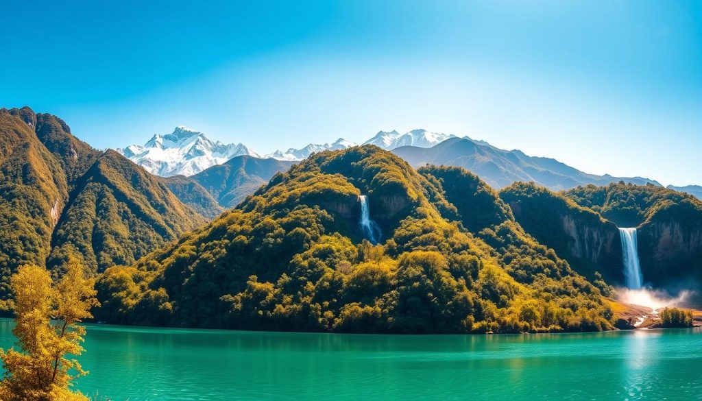 A sweeping panorama of Colombia's natural wonders, bathed in warm, golden sunlight. In the foreground, a crystalline turquoise lake reflects the towering, snow-capped Andes mountains. Lush, verdant rainforests cascade down the slopes, their canopy of vibrant greens and vibrant hues creating a stunning contrast against the azure sky. In the middle distance, a glistening waterfall cascades over rugged cliffs, its mist creating a gentle halo of light. The overall scene exudes a sense of tranquility and awe-inspiring natural beauty, capturing the essence of Colombia's breathtaking landscapes. A sweeping panorama of Colombia's natural wonders, bathed in warm, golden sunlight. In the foreground, a crystalline turquoise lake reflects the towering, snow-capped Andes mountains. Lush, verdant rainforests cascade down the slopes, their canopy of vibrant greens and vibrant hues creating a stunning contrast against the azure sky. In the middle distance, a glistening waterfall cascades over rugged cliffs, its mist creating a gentle halo of light. The overall scene exudes a sense of tranquility and awe-inspiring natural beauty, capturing the essence of Colombia's breathtaking landscapes.