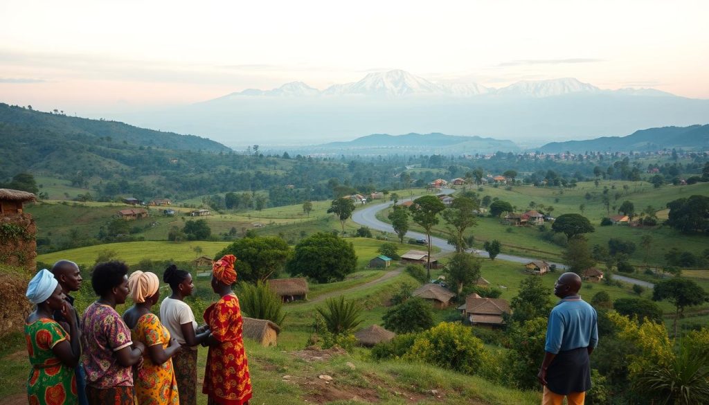 A sweeping panoramic vista of the rolling hills and lush, verdant landscapes of Burundi. In the foreground, a group of locals engaged in lively conversation, their vibrant traditional clothing and gestures capturing the rich cultural diversity of the region. In the middle ground, a winding road leads the eye through the picturesque countryside, framed by clusters of colorful, thatch-roofed homes and towering, ancient trees. The background is dominated by the majestic peaks of the Rwenzori Mountains, their snow-capped summits glowing in the warm, golden light of the setting sun. The scene is bathed in a soft, diffused lighting, creating a sense of tranquility and timelessness. Captured with a wide-angle lens to emphasize the grandeur of the landscape, this image evokes the essence of Burundi's linguistic and cultural heritage.
