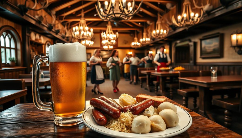 A traditional Bavarian beer hall with heavy wooden tables and benches, the walls adorned with mounted deer antlers and vintage beer steins. In the foreground, a hearty plate of Bavarian sausages, sauerkraut, and potato dumplings, accompanied by a tall mug of frothy, golden-hued beer. The middle ground features servers in dirndls and lederhosen carrying trays of various Bavarian delicacies such as roasted pork knuckle, cheese spätzle, and apple strudel. The background showcases a cozy, rustic ambiance with dimly lit chandeliers and a warm, inviting atmosphere that evokes the essence of Bavarian culinary culture.