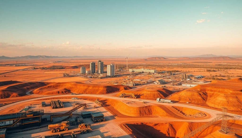 A vast, expansive landscape of Botswana's thriving economic development and mining innovation. In the foreground, a state-of-the-art mining operation bustles with activity, workers and machinery extracting valuable minerals from the earth. The middle ground showcases towering skyscrapers and modern infrastructure, symbolizing the country's rapid urban growth and technological advancements. In the background, rolling hills and a vibrant, cloudless sky create a sense of natural beauty and prosperity. The scene is bathed in warm, golden lighting, capturing the warmth and optimism of Botswana's economic transformation. Captured through the lens of a wide-angle camera, the composition emphasizes the scale and ambition of the country's development.