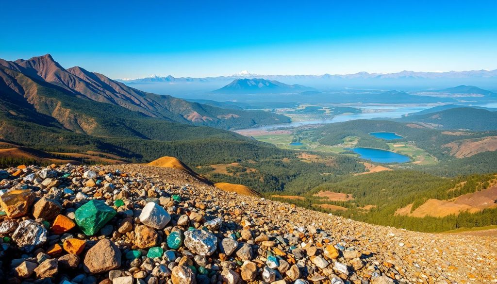 A vast, undulating landscape of Bolivia's natural resources unfolds before the viewer. In the foreground, a bountiful array of minerals and gems sparkle under the warm, golden light - copper, silver, tin, and the renowned Bolivian emeralds. In the middle ground, towering mountains rise, their snow-capped peaks reflecting the clear blue sky. Lush, verdant forests and sprawling lakes populate the background, hinting at Bolivia's abundant water resources and diverse ecosystems. The scene conveys a sense of richness, untapped potential, and the country's role as a hub of natural wealth and ecological treasures.