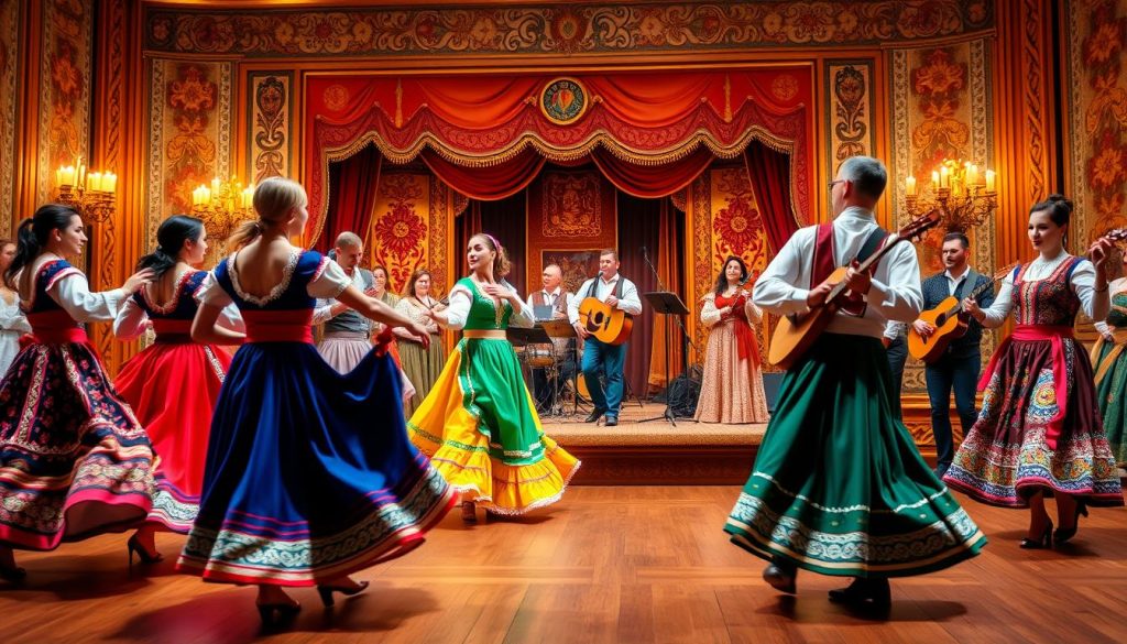 A vibrant and energetic Bosnian traditional dance performance set against a richly decorated stage. In the foreground, a group of dancers in colorful, intricate costumes twirl and sway, their movements graceful and precise. The middle ground features a live band playing traditional Bosnian music, their instruments adding a lively, rhythmic energy to the scene. The background showcases a beautifully designed stage, with ornate tapestries, carved wooden details, and warm lighting that creates a sense of cultural authenticity. The overall atmosphere is one of celebration, cultural heritage, and captivating artistry.