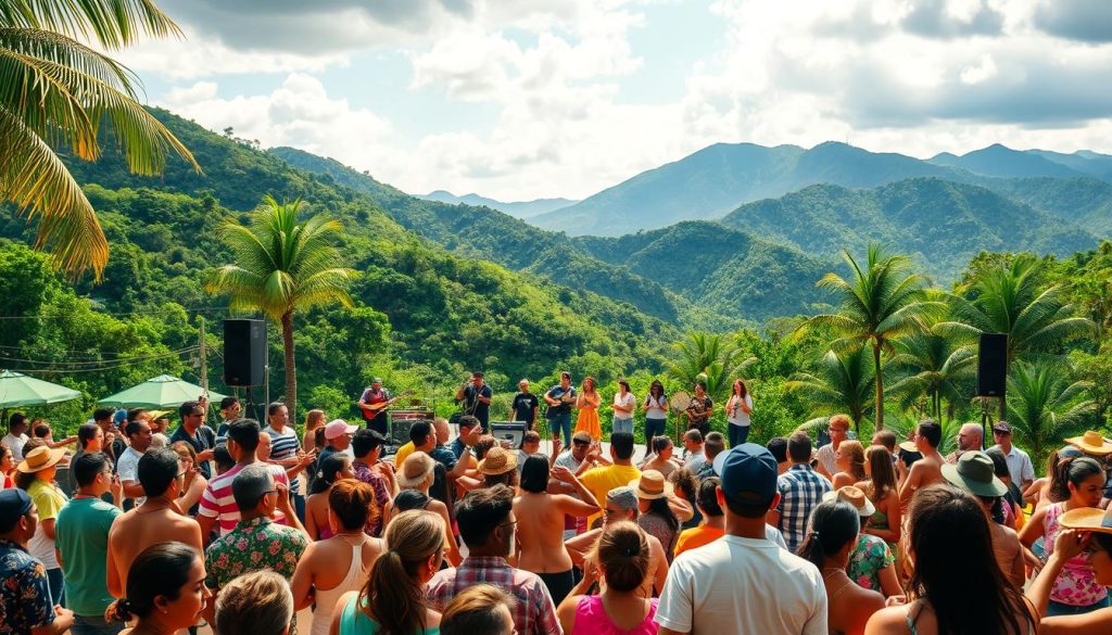 A vibrant and lively outdoor music festival set against the backdrop of Brazil's iconic natural landscapes. In the foreground, a crowd of people dancing and swaying to the rhythmic beats of samba, bossa nova, and other traditional Brazilian music styles. In the middle ground, colorfully dressed performers take the stage, their instruments and costumes reflecting the rich cultural heritage of the country. In the distance, verdant hills and lush tropical foliage create a scenic, picturesque setting, bathed in warm, golden sunlight. The atmosphere is one of joy, celebration, and a deep appreciation for the melodic heartbeat that runs through the core of Brazilian identity.