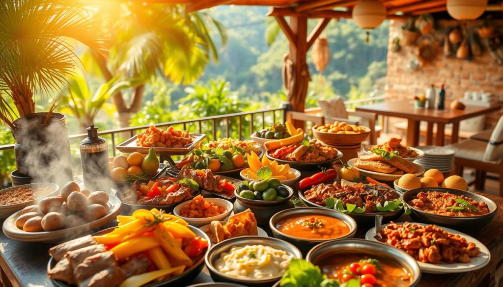 A vibrant and mouthwatering display of Brazilian culinary delights, captured in a sun-drenched, high-resolution photograph. In the foreground, a feast of colorful dishes - sizzling grilled meats, steaming bowls of hearty stews, and vibrant tropical fruits. The middle ground is dotted with artfully arranged plates of savory pastries, crisp salads, and fragrant spices. In the background, a lush, verdant setting evokes the lush landscapes of Brazil, with glimpses of rustic wooden tables and terracotta tiles. The lighting is warm and natural, casting a golden glow over the entire scene, evoking the warmth and energy of Brazilian culture. The overall mood is one of abundance, flavor, and joie de vivre.