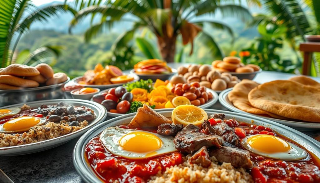 A vibrant arrangement of traditional Colombian cuisine dishes, captured in natural lighting with a shallow depth of field. In the foreground, steaming plates of bandeja paisa - a hearty platter featuring grilled steak, fried egg, red beans, rice, plantain, and an arepa. In the middle ground, an array of colorful arepas, empanadas, and tamales. In the background, a lush tropical setting with lush greenery and a glimpse of the Andean mountains. The atmosphere is warm, inviting, and evocative of the rich culinary heritage of Colombia. A vibrant arrangement of traditional Colombian cuisine dishes, captured in natural lighting with a shallow depth of field. In the foreground, steaming plates of bandeja paisa - a hearty platter featuring grilled steak, fried egg, red beans, rice, plantain, and an arepa. In the middle ground, an array of colorful arepas, empanadas, and tamales. In the background, a lush tropical setting with lush greenery and a glimpse of the Andean mountains. The atmosphere is warm, inviting, and evocative of the rich culinary heritage of Colombia.