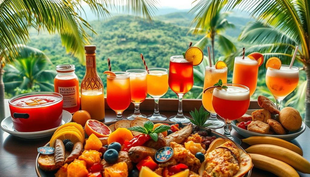 A vibrant array of Barbados' signature dishes and rum cocktails presented in a tantalizing display. In the foreground, a generous platter showcases local delicacies such as flying fish, cou-cou, and breadfruit, accompanied by a selection of colorful tropical fruits. The middle ground features a dazzling array of rum-based cocktails, including the iconic rum punch and the frothy Bajan Rum Swizzle, adorned with fresh citrus garnishes. The background depicts a lush, verdant landscape with swaying palm trees, capturing the essence of Barbados' idyllic island setting. Warm, golden lighting casts a inviting glow over the scene, evoking the welcoming atmosphere of a Bajan culinary celebration.