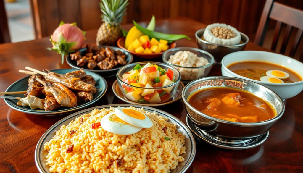 A vibrant array of Brunei's local culinary delights, elegantly presented on a traditional wooden table. In the foreground, a sumptuous spread of fragrant nasi goreng (fried rice) adorned with slivers of chicken, shrimp, and a soft-boiled egg. Beside it, a platter of succulent sate lilit (minced meat skewers) and a steaming bowl of ambuyat, the national dish of Brunei, made from sago palm and served with a savory dipping sauce. In the middle ground, a refreshing mixed fruit salad with dragonfruit, pineapple, and rambutan, while in the background, a traditional Bruneian kuih (bite-sized dessert) stands out with its intricate, colorful patterns. The scene is bathed in warm, natural lighting, accentuating the vibrant hues and textures of this authentic Brunei culinary experience.
