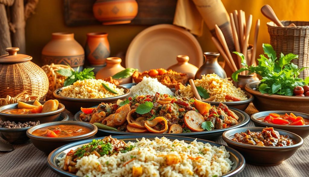 A vibrant array of traditional Chadian dishes, artfully arranged against a backdrop of earthy tones and natural textures. In the foreground, a platter showcases the rich diversity of the country's culinary heritage - fragrant stews, flavorful rice dishes, and vibrant vegetable-based delicacies. The middle ground features handcrafted ceramic bowls, woven baskets, and wooden utensils, reflecting the rustic charm of Chadian kitchens. The background is bathed in warm, golden light, casting a soft, inviting glow over the scene, evoking the comforting atmosphere of a family gathering. The overall composition captures the essence of Chad's culinary traditions - a harmonious blend of bold flavors, time-honored recipes, and a deep connection to the land.