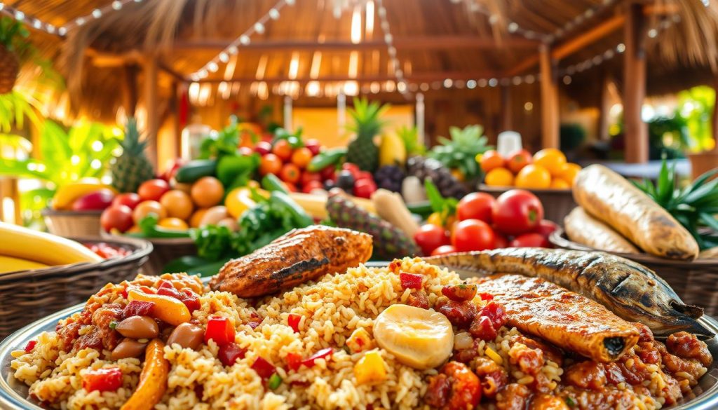 A vibrant assortment of authentic Belizean cuisine dishes, captured in a rustic, sun-dappled setting. In the foreground, a platter overflows with fragrant rice and beans, tender stewed chicken, freshly grilled fish, and vibrant yellow plantains. The middle ground features a variety of colorful local produce, such as tropical fruits, vibrant vegetables, and aromatic herbs. In the background, a thatched-roof structure evokes the lush, tropical ambiance of Belize, with warm, golden lighting casting a welcoming glow over the scene. The overall composition conveys the rich, diverse flavors and natural abundance that define the Belizean culinary experience.