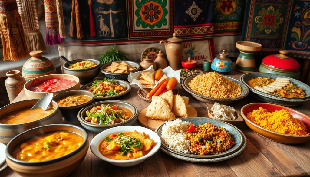 A vibrant assortment of traditional Bolivian dishes artfully arranged on a rustic wooden table. In the foreground, steaming bowls of hearty stews and brightly colored salads, their aromas mingling together. In the middle ground, platters of savory empanadas, crisp-edged corn cakes, and fragrant rice dishes, each item a feast for the senses. The background features a backdrop of intricately woven textiles and vibrant folk art, capturing the rich cultural heritage of Bolivia. Warm, natural lighting casts a soft glow over the scene, infusing it with a cozy, inviting atmosphere. The overall composition is a mouthwatering celebration of the country's diverse and flavorful cuisine.