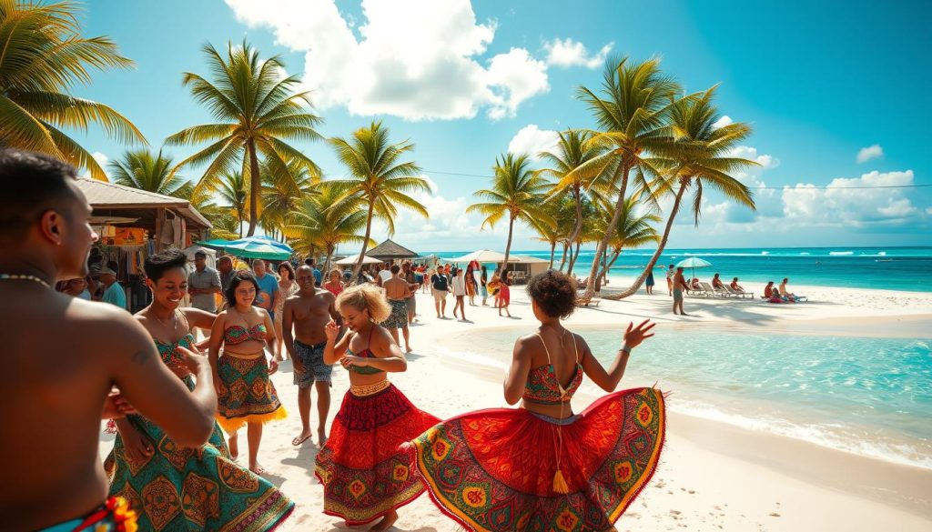 A vibrant beach scene in the Cayman Islands, with a warm, tropical atmosphere. In the foreground, a group of local people engage in traditional dance, their colorful costumes swirling gracefully. In the middle ground, a lively street market bustles with artisans selling handcrafted goods and vendors offering local cuisine. In the background, the crystal-clear turquoise waters of the Caribbean Sea lap against white sandy beaches, framed by lush, swaying palm trees. The scene is bathed in golden, late-afternoon sunlight, casting a warm, inviting glow over the entire composition. A vibrant beach scene in the Cayman Islands, with a warm, tropical atmosphere. In the foreground, a group of local people engage in traditional dance, their colorful costumes swirling gracefully. In the middle ground, a lively street market bustles with artisans selling handcrafted goods and vendors offering local cuisine. In the background, the crystal-clear turquoise waters of the Caribbean Sea lap against white sandy beaches, framed by lush, swaying palm trees. The scene is bathed in golden, late-afternoon sunlight, casting a warm, inviting glow over the entire composition.