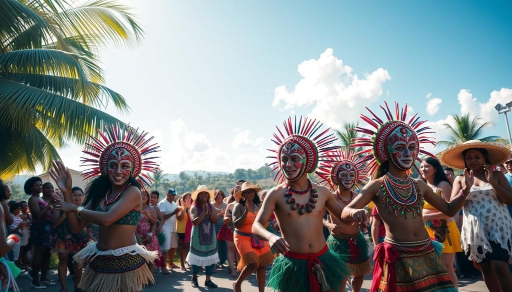 A vibrant celebration of Belize's rich cultural heritage, with colorful costumes, lively music, and energetic dancers swaying to the rhythmic beats. In the foreground, a parade of performers adorned in intricate, beaded masks and headdresses, their movements graceful and expressive. In the middle ground, a crowd of spectators cheers and claps, their faces alight with joy and excitement. The background is a lush, tropical landscape, with swaying palms and a cloudless, azure sky, bathed in the warm glow of the sun. The scene exudes a sense of community, tradition, and the joyous spirit that defines Belize's vibrant festivals. A vibrant celebration of Belize's rich cultural heritage, with colorful costumes, lively music, and energetic dancers swaying to the rhythmic beats. In the foreground, a parade of performers adorned in intricate, beaded masks and headdresses, their movements graceful and expressive. In the middle ground, a crowd of spectators cheers and claps, their faces alight with joy and excitement. The background is a lush, tropical landscape, with swaying palms and a cloudless, azure sky, bathed in the warm glow of the sun. The scene exudes a sense of community, tradition, and the joyous spirit that defines Belize's vibrant festivals.