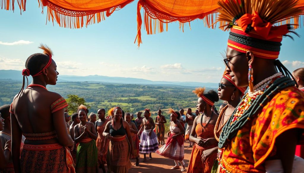 A vibrant celebration of Burundi's rich cultural heritage. In the foreground, a lively crowd of revelers dressed in traditional Burundian attire, adorned with intricate beadwork and vibrant fabrics. In the middle ground, a troupe of dancers performing a captivating traditional dance, their movements graceful and rhythmic. In the background, a backdrop of lush, verdant landscapes and a clear, azure sky, creating a sense of immersion in the natural beauty of Burundi. The scene is bathed in warm, golden lighting, conveying a mood of joyous celebration and cultural pride. The overall atmosphere is one of vibrant, authentic Burundian culture, capturing the essence of the country's renowned festivals and celebrations.