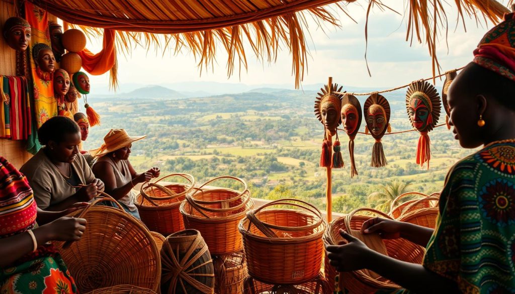 A vibrant cultural mosaic of Burundi, showcasing its rich artistic heritage. In the foreground, skilled artisans weave intricate baskets, their nimble fingers crafting intricate patterns. In the middle ground, vibrant textiles and vibrant masks adorn the walls, reflecting the country's diverse traditions. In the background, a sprawling landscape of lush greenery and rolling hills, the natural beauty that inspires the artistry of Burundi. Warm, golden lighting casts a glow over the scene, highlighting the vibrant colors and textures. Captured with a wide-angle lens to encompass the full scope of Burundi's captivating cultural tapestry.