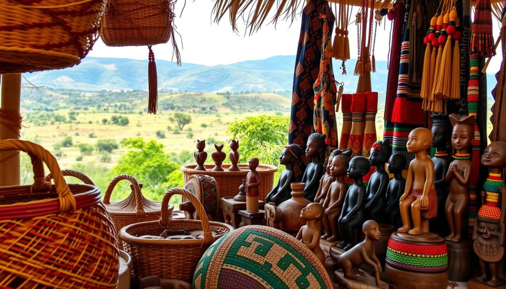 A vibrant display of Botswana's rich artistic heritage. In the foreground, intricate woven baskets and colorful hand-carved wooden figurines showcasing the deft craftsmanship of local artisans. In the middle ground, traditional textiles and beadwork patterns adorn the scene, creating a tapestry of cultural expression. The background features a serene landscape of rolling hills and lush greenery, providing a naturalistic setting that complements the artisanal pieces. Warm, diffused lighting illuminates the scene, casting a gentle glow and highlighting the unique textures and colors of the Botswana arts and crafts. The overall impression is one of cultural vibrancy, showcasing the diverse creative traditions that are the hallmark of this remarkable African nation.
