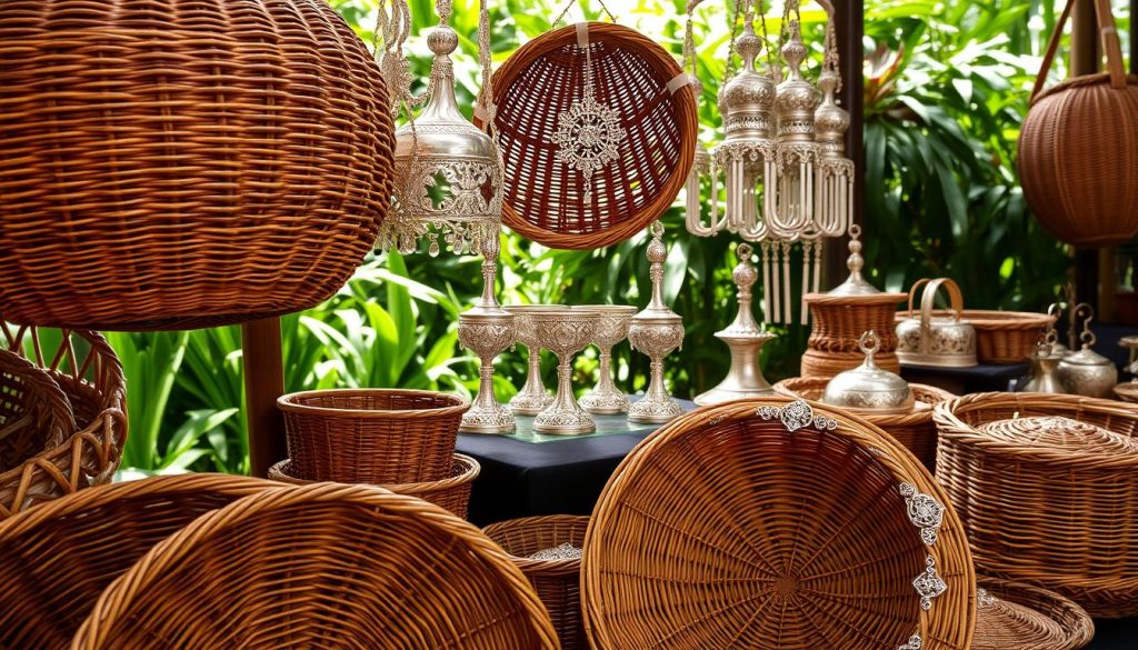 A vibrant display of Brunei's traditional craftsmanship. In the foreground, intricately woven rattan baskets, their intricate patterns and warm tones catching the soft, natural light. In the middle ground, delicate silverwork shimmers, the artisans' skilled hands evident in the intricate filigree designs. In the background, a backdrop of lush, verdant foliage, hinting at the rich natural resources that inspire these timeless creations. The scene exudes a sense of cultural heritage and local pride, capturing the essence of Brunei's unique artistic traditions.