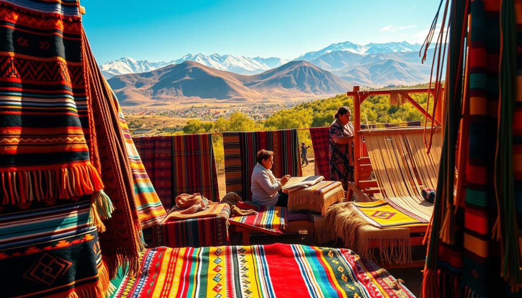 A vibrant display of traditional Bolivian crafts and textiles, capturing the rich cultural heritage of the country. In the foreground, intricate woven blankets and tapestries in a kaleidoscope of colors - reds, blues, yellows, and greens - reflecting the indigenous designs and patterns passed down through generations. In the middle ground, skilled artisans hand-weaving vibrant textiles on traditional looms, their faces filled with concentration and pride. The background features a serene Andean landscape, with snow-capped peaks and lush, verdant foliage, bathed in warm, golden light that casts a soft, dreamlike glow over the entire scene. The overall atmosphere is one of cultural celebration, showcasing Bolivia's unique artistic traditions and the enduring spirit of its people.