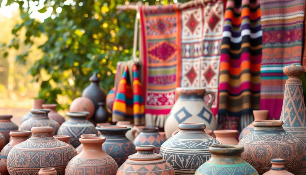 A vibrant display of traditional Chadian craftsmanship. In the foreground, an assortment of intricate pottery pieces, each with unique geometric patterns and earthy hues, showcasing the skilled techniques of local artisans. In the middle ground, a selection of vibrant woven textiles, their bold colors and intricate designs capturing the rich cultural heritage of the region. The background features a natural setting, with lush foliage and a warm, golden light illuminating the scene, creating a sense of timelessness and authenticity. The overall composition conveys the essence of Chad's enduring traditional arts and crafts, a testament to the enduring creativity and skill of its people.