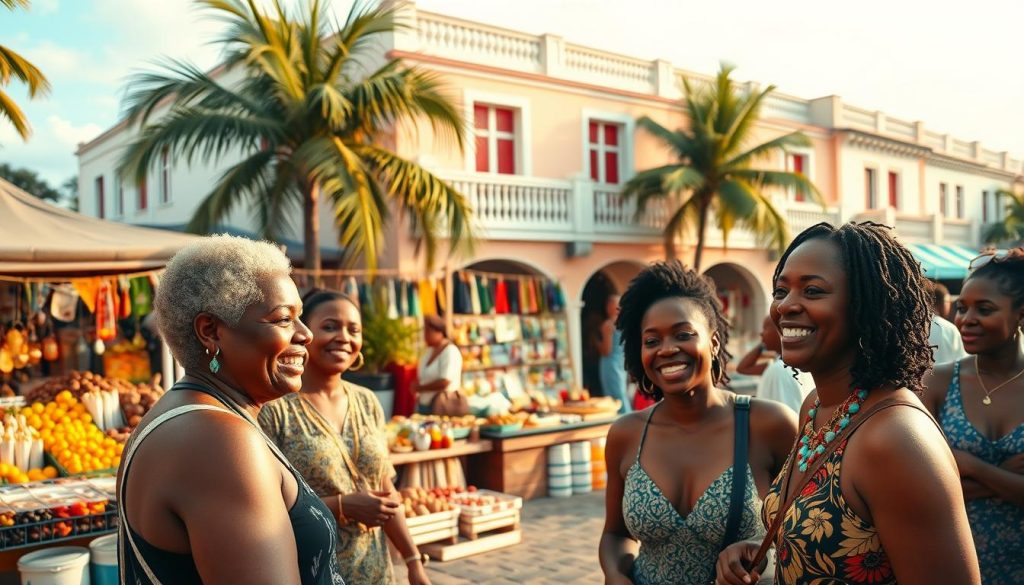 A vibrant scene in Barbados, showcasing the warm and welcoming spirit of the local people. In the foreground, a group of friendly locals engaged in lively conversation, their expressions radiating joy and hospitality. The middle ground features a bustling marketplace, with colorful stalls displaying an array of local produce, crafts, and trinkets. In the background, the iconic Barbadian architecture, with its distinctive Caribbean charm, sets the stage for this inviting atmosphere. Soft, diffused lighting casts a golden glow, enhancing the sense of tranquility and relaxation. The entire scene is captured with a wide-angle lens, immersing the viewer in the vibrant, welcoming essence of Barbados.