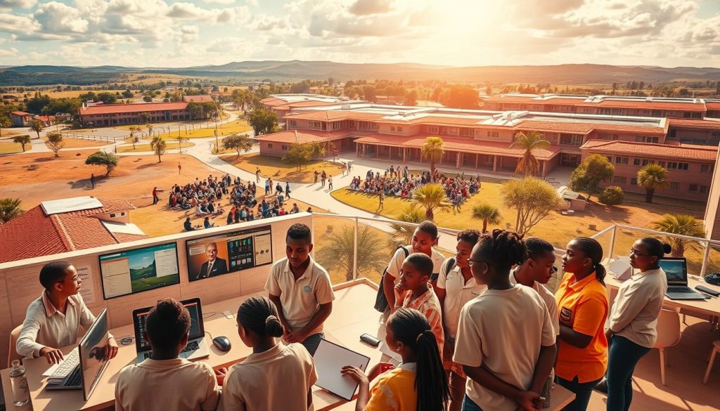 A vibrant scene of Botswana's education initiatives, captured in a wide, cinematic frame. In the foreground, a group of excited students gather around a modern, well-equipped classroom, engaged in lively discussions and collaborative projects. The middle ground features a state-of-the-art computer lab, where students are immersed in digital learning, honing their tech skills for the future. In the background, a sprawling school campus, with distinctive Botswanan architecture and lush, verdant landscapes, symbolizing the country's commitment to educational infrastructure and environmental sustainability. Warm, natural lighting bathes the scene, creating a sense of optimism and progress, reflecting Botswana's dedication to empowering its youth through innovative educational programs.