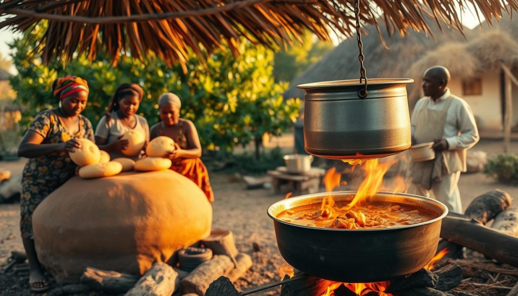 A vibrant scene of Botswana's traditional cooking methods, set against a backdrop of a rural homestead. In the foreground, a group of women tending to a wood-fired clay oven, carefully placing and turning round loaves of freshly baked bread. The middle ground features a large metal pot suspended over an open fire, where a savory stew simmers, infusing the air with the aromas of local spices. In the background, a thatched-roof hut and lush, verdant foliage, capturing the essence of the country's serene, natural environment. The lighting is warm and golden, casting a soft glow over the scene, conveying a sense of tradition, community, and the cherished culinary heritage of Botswana.