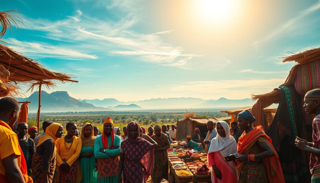 A vibrant scene of Chad's cultural diversity, captured in a wide, cinematic aspect ratio. In the foreground, a lively gathering of people from various ethnic backgrounds, adorned in colorful traditional attire and engaged in spirited conversation. In the middle ground, a bustling marketplace filled with an array of unique handicrafts, spices, and textiles, each reflecting the rich heritage of the region. The background is a panoramic vista of the Chad landscape, with towering mountains, lush greenery, and a brilliant azure sky, illuminated by warm, golden sunlight. The overall mood is one of celebration, unity, and a deep appreciation for the remarkable diversity that makes Chad a cultural tapestry beyond compare.