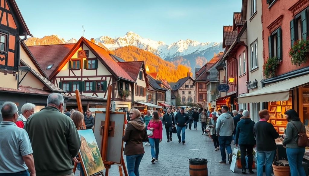 A vibrant scene of the arts in Bavaria, Germany. In the foreground, a group of artists gathered around an easel, brushes in hand, capturing the rich colors and textures of the traditional Bavarian architecture. In the middle ground, a bustling street lined with quaint shops and galleries, people meandering and admiring the local artworks on display. In the background, the majestic Alps rise, their snow-capped peaks casting a serene glow over the lively artistic community. Warm lighting illuminates the scene, creating a cozy and inviting atmosphere. A wide-angle lens captures the depth and breadth of the Bavarian arts scene, showcasing the region's unique cultural heritage and creative spirit.