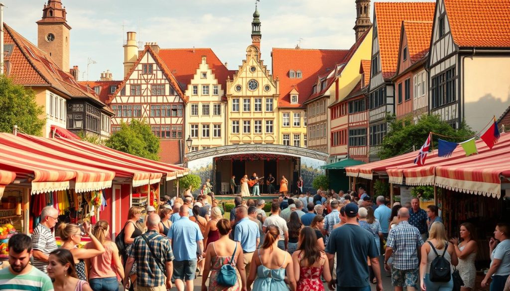 A vibrant summer festival in the historic city of Brunswick, Germany. In the foreground, crowds of people stroll along colorful stalls selling handmade crafts, local cuisine, and artisanal goods. In the middle ground, a stage comes alive with traditional music and dance performances, their rhythms filling the air. In the background, the striking architecture of Brunswick's Old Town stands tall, its red-tiled roofs and ornate facades bathed in warm, golden sunlight. The atmosphere is lively and celebratory, capturing the essence of the city's rich cultural heritage and community spirit. A vibrant summer festival in the historic city of Brunswick, Germany. In the foreground, crowds of people stroll along colorful stalls selling handmade crafts, local cuisine, and artisanal goods. In the middle ground, a stage comes alive with traditional music and dance performances, their rhythms filling the air. In the background, the striking architecture of Brunswick's Old Town stands tall, its red-tiled roofs and ornate facades bathed in warm, golden sunlight. The atmosphere is lively and celebratory, capturing the essence of the city's rich cultural heritage and community spirit.