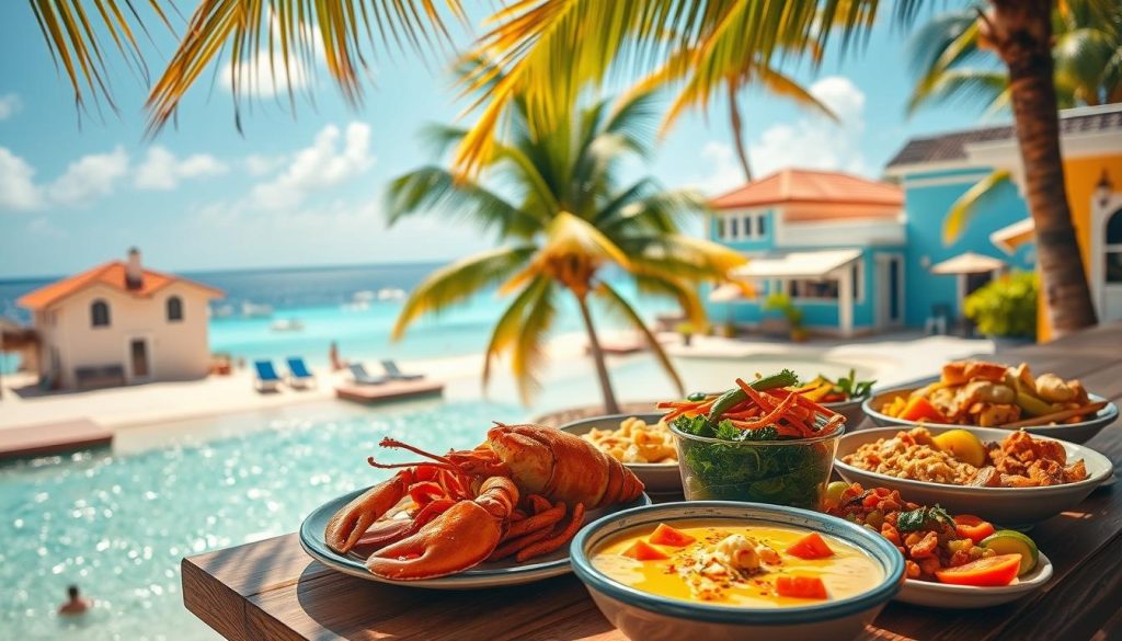 A vibrant, sun-drenched tropical scene featuring the iconic cuisine of the Cayman Islands. In the foreground, a table laden with local delicacies: succulent grilled lobster, creamy seafood chowder, and colorful vegetable dishes seasoned with zesty Cayman spices. The middle ground showcases traditional Caymanian architecture, with pastel-hued buildings and swaying palm trees. In the background, the sparkling turquoise waters of the Caribbean Sea stretch out, dotted with pristine white-sand beaches. Warm, golden lighting bathes the entire scene, evoking the laid-back, island ambiance. The overall composition captures the essence of Caymanian culinary culture - a harmonious blend of fresh, flavorful ingredients and the breathtaking natural beauty of the islands. A vibrant, sun-drenched tropical scene featuring the iconic cuisine of the Cayman Islands. In the foreground, a table laden with local delicacies: succulent grilled lobster, creamy seafood chowder, and colorful vegetable dishes seasoned with zesty Cayman spices. The middle ground showcases traditional Caymanian architecture, with pastel-hued buildings and swaying palm trees. In the background, the sparkling turquoise waters of the Caribbean Sea stretch out, dotted with pristine white-sand beaches. Warm, golden lighting bathes the entire scene, evoking the laid-back, island ambiance. The overall composition captures the essence of Caymanian culinary culture - a harmonious blend of fresh, flavorful ingredients and the breathtaking natural beauty of the islands.