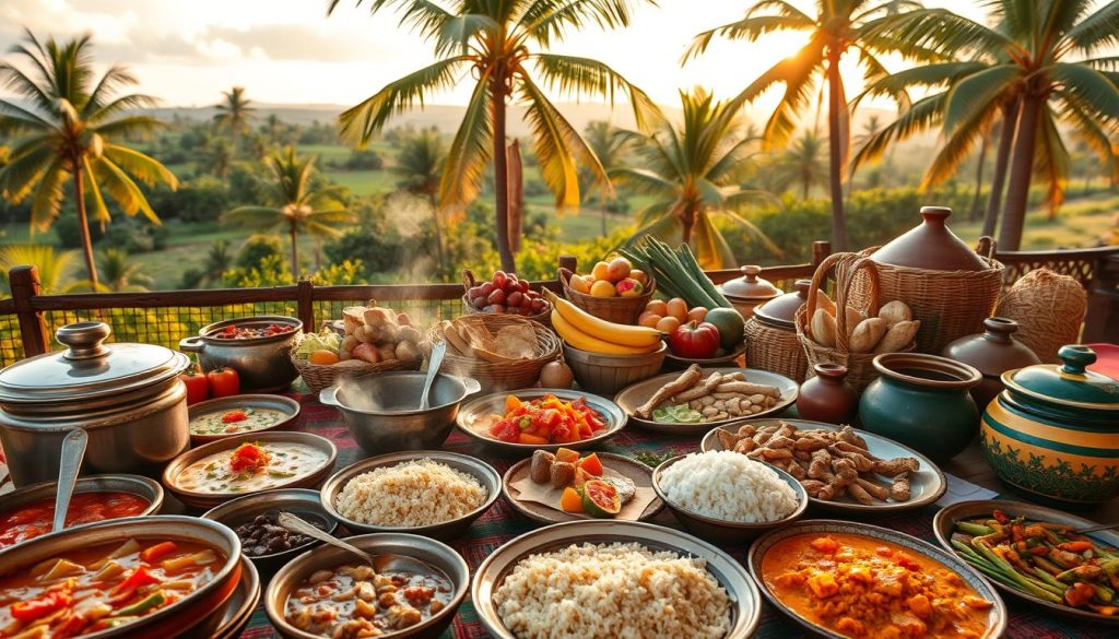 A vibrant table setting showcasing the unique flavors of Burundi cuisine. In the foreground, an array of traditional dishes: steaming pots of savory stews, fragrant rice dishes, and a variety of grilled meats and vegetables. In the middle ground, woven baskets brimming with colorful produce, freshly baked breads, and handcrafted pottery. The background features a lush, tropical landscape with towering palm trees, casting a warm, golden glow over the scene. The overall atmosphere is one of cultural celebration, highlighting the rich diversity and artistry of Burundi's culinary traditions.