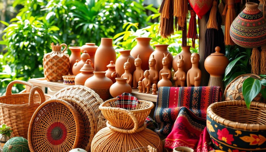 A vibrant tableau of Colombian artisan crafts, captured in a warm, natural light. In the foreground, intricate woven baskets and vibrant textiles in earthy tones and bold patterns. In the middle ground, terracotta pottery and ceramic figurines, each displaying the skilled handiwork of indigenous artisans. The background features lush, verdant foliage, hinting at the rich natural resources that inspire these traditional creations. A sense of cultural heritage and artisanal pride permeates the scene, inviting the viewer to appreciate the unique artistry and time-honored techniques that define Colombia's artisan craft legacy. A vibrant tableau of Colombian artisan crafts, captured in a warm, natural light. In the foreground, intricate woven baskets and vibrant textiles in earthy tones and bold patterns. In the middle ground, terracotta pottery and ceramic figurines, each displaying the skilled handiwork of indigenous artisans. The background features lush, verdant foliage, hinting at the rich natural resources that inspire these traditional creations. A sense of cultural heritage and artisanal pride permeates the scene, inviting the viewer to appreciate the unique artistry and time-honored techniques that define Colombia's artisan craft legacy.