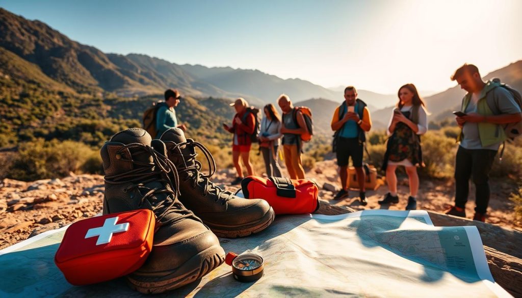 A vibrant travel safety scene in Chad, illuminated by warm, golden sunlight. In the foreground, a pair of sturdy hiking boots, a first-aid kit, and a compass sit atop a map of the region. In the middle ground, a diverse group of travelers engage in various safety practices - applying sunscreen, checking a mobile app for weather updates, and securing their backpacks. The background depicts a lush, verdant landscape with towering mountains, winding trails, and a clear, azure sky, conveying the natural beauty and adventure that awaits Chad's explorers. The overall atmosphere is one of preparedness, exploration, and the spirit of safe, responsible travel.