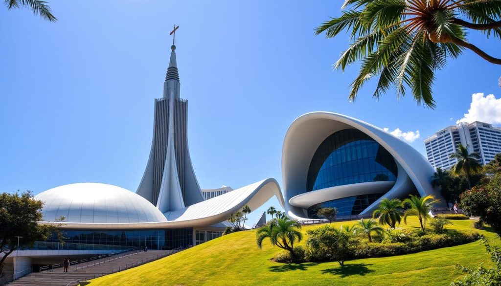An architectural masterpiece in Brazil, the iconic Brasília Cathedral stands tall, its hyperbolic paraboloid design soaring towards the heavens. In the foreground, the modernist Palácio da Alvorada shimmers under the warm tropical sun, its sleek lines and glass facades reflecting the vibrant blue sky. In the middle ground, the dramatic curves of the Museu de Arte Contemporânea de Niterói cascade down the hillside, overlooking the sparkling Guanabara Bay. In the background, the futuristic Niterói Contemporary Art Museum rises like a sculptural marvel, its curved forms and dramatic cantilevers embodying the bold vision of Brazilian modernist architecture.