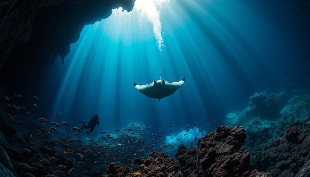 An epic underwater scene of the Great Blue Hole in Belize. In the foreground, a diver explores the cavernous sinkhole, illuminated by shafts of sunlight piercing the azure waters. Vibrant schools of tropical fish dart among the limestone walls and stalactites. In the middle ground, a majestic manta ray glides effortlessly, its massive wings casting dramatic shadows. The background fades into the deep, mysterious depths of the hole, hinting at the untold wonders that lie beneath the surface. Captured with a wide-angle lens, the scene evokes a sense of vast scale and the thrill of adventure. Moody, atmospheric lighting creates a dreamlike, almost otherworldly ambiance, perfectly suited for this unique natural wonder.