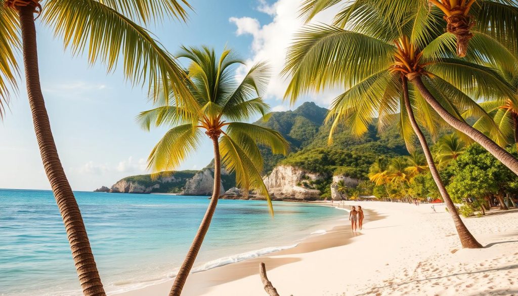 An idyllic tropical paradise, the Cayman Islands boasts pristine white-sand beaches that gently slope into the crystal-clear turquoise waters of the Caribbean Sea. In the foreground, palm trees sway gently in the soft ocean breeze, casting gentle shadows on the golden sand below. In the middle ground, beachgoers stroll along the water's edge, taking in the tranquil scenery. In the distance, lush green hills and rocky cliffs rise up, providing a dramatic backdrop to the serene coastal landscape. The scene is bathed in warm, golden sunlight, creating a sense of peace and relaxation. Captured with a wide-angle lens, this image conveys the true essence of the Cayman Islands' world-famous beaches. An idyllic tropical paradise, the Cayman Islands boasts pristine white-sand beaches that gently slope into the crystal-clear turquoise waters of the Caribbean Sea. In the foreground, palm trees sway gently in the soft ocean breeze, casting gentle shadows on the golden sand below. In the middle ground, beachgoers stroll along the water's edge, taking in the tranquil scenery. In the distance, lush green hills and rocky cliffs rise up, providing a dramatic backdrop to the serene coastal landscape. The scene is bathed in warm, golden sunlight, creating a sense of peace and relaxation. Captured with a wide-angle lens, this image conveys the true essence of the Cayman Islands' world-famous beaches.