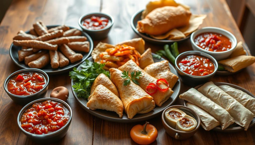 Bosnian cuisine dishes arranged in a visually appetizing display, showcasing the rich culinary heritage of Bosnia and Herzegovina. A platter of savory ćevapi (grilled meat sausages), freshly baked burek (flaky pastry filled with meat or cheese), tender stuffed sarma (cabbage rolls), and colorful ajvar (roasted red pepper spread) take center stage. The dishes are accompanied by crisp ajvar, creamy kajsija (apricot jam), and a selection of tangy kajsija (kajsija) and sour kajsija (kajsija), all against a backdrop of a warm, rustic wooden table. The natural lighting casts a soft, inviting glow, creating an atmosphere of authentic Bosnian tradition and homemade deliciousness.