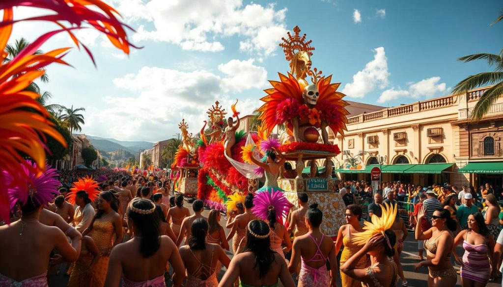 Brazilian festival celebrations, with vibrant colors, energetic dancers in elaborate costumes, and the lively rhythm of samba music filling the air. In the foreground, a crowd of revelers sway and twirl, their feathered headdresses and sequined outfits sparkling under the warm, golden lighting. In the middle ground, a parade float adorned with intricate floral designs and towering sculptures moves through the streets, surrounded by a sea of cheering onlookers. In the background, a bustling cityscape with colonial-style buildings and palm trees sets the scene, capturing the quintessential atmosphere of a Brazilian carnival celebration. Captured with a wide-angle lens, this image conveys the infectious energy, cultural richness, and joyous spirit that define the unique festivities of Brazil.