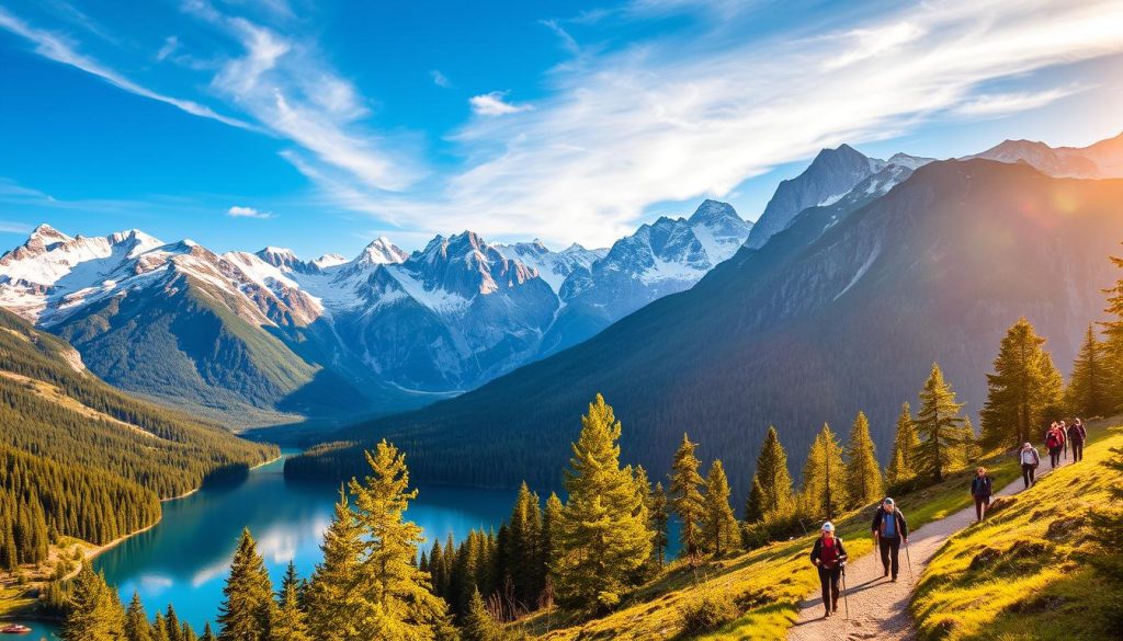 Breathtaking alpine landscape in Bavaria, Germany. Majestic snow-capped peaks rise against a vibrant blue sky, their rugged slopes covered in lush green forests. A crystal-clear lake reflects the dramatic mountainous scenery, its calm waters dotted with kayaks and paddle boats. In the foreground, a group of hikers traverse a winding trail, their backpacks and trekking poles suggesting an adventurous outdoor excursion. Warm, golden sunlight filters through the trees, casting a warm, inviting glow over the entire scene. An aerial perspective captures the scale and grandeur of this idyllic Bavarian outdoor wonderland.