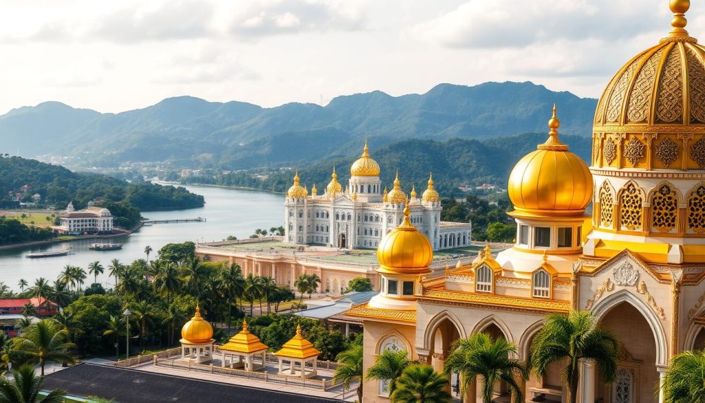 Brunei's architectural marvels, a fusion of ancient splendor and modern grandeur. In the foreground, the iconic golden domes of the Sultan Omar Ali Saifuddien Mosque, its intricate Islamic motifs glistening under the warm tropical sun. In the middle ground, the serene waters of the Brunei River, reflecting the majestic Istana Nurul Iman, the world's largest royal residence, with its elegant Malay-Islamic architecture. In the background, lush, verdant hills rise, creating a breathtaking natural backdrop to this symphony of architectural wonders. Capture the essence of Brunei's rich cultural heritage, where the past and present seamlessly intertwine, through a cinematic, wide-angle lens that showcases the scale and beauty of these architectural masterpieces.