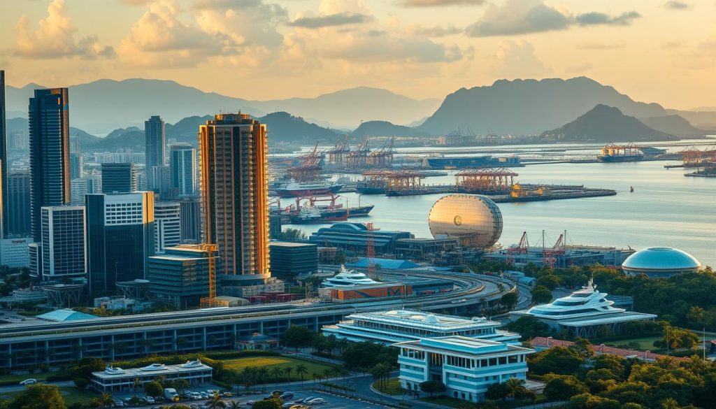 Brunei's economic landscape, captured in vivid detail. A panorama of the Sultanate's prosperity - towering skyscrapers, bustling port facilities, and expansive oil refineries basking in golden afternoon light. The harbor teems with container ships and sleek yachts, reflecting the nation's thriving maritime trade. In the foreground, well-manicured gardens and modern commercial complexes exude a sense of sophisticated opulence. Subtle hues of blue and green complement the warm tones, creating a harmonious, high-end aesthetic. This is Brunei, a nation where traditional values coexist with cutting-edge development, a testament to its economic strengths.
