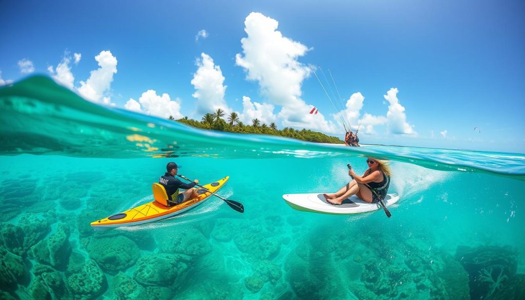 Cayman Islands adventure activities: A vibrant underwater world, teeming with colorful coral reefs and diverse marine life, beckons scuba divers and snorkelers. In the lush interior, rugged hiking trails wind through lush forests, leading to hidden waterfalls and serene pools. Thrill-seekers soar through the canopy on ziplines, while kayakers and stand-up paddleboarders explore the tranquil mangrove lagoons. A warm, tropical breeze sets the stage for parasailing and kiteboarding adventures along the pristine beaches. Captured through a wide-angle lens, the scene showcases the Cayman Islands' adrenaline-fueled pursuits against a backdrop of stunning natural beauty. Cayman Islands adventure activities: A vibrant underwater world, teeming with colorful coral reefs and diverse marine life, beckons scuba divers and snorkelers. In the lush interior, rugged hiking trails wind through lush forests, leading to hidden waterfalls and serene pools. Thrill-seekers soar through the canopy on ziplines, while kayakers and stand-up paddleboarders explore the tranquil mangrove lagoons. A warm, tropical breeze sets the stage for parasailing and kiteboarding adventures along the pristine beaches. Captured through a wide-angle lens, the scene showcases the Cayman Islands' adrenaline-fueled pursuits against a backdrop of stunning natural beauty.