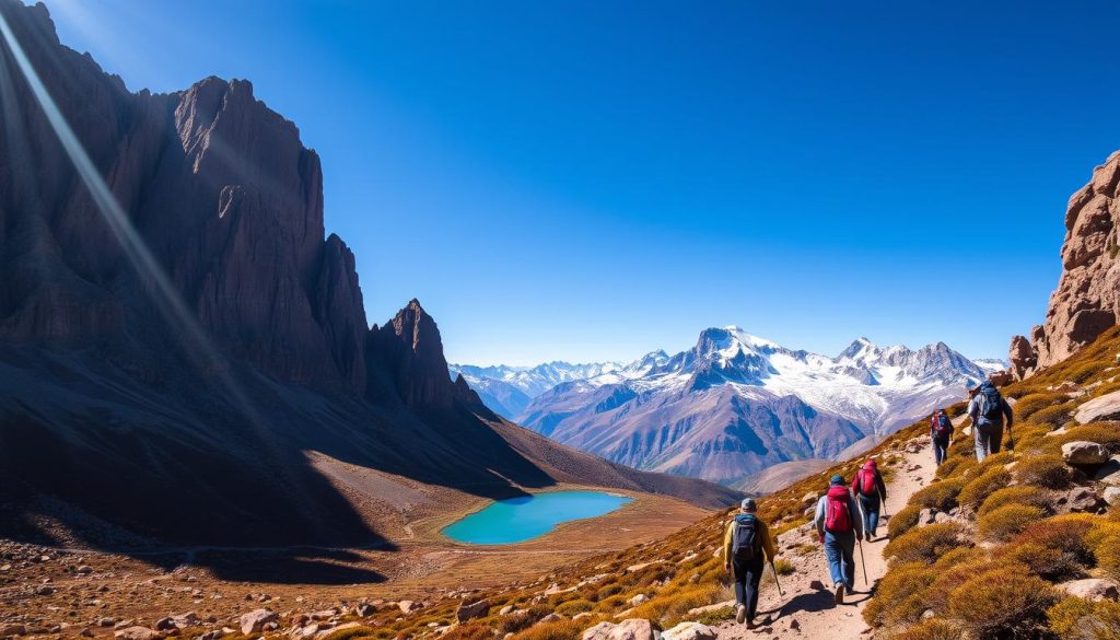 Dramatic landscape of Bolivia's Andes mountains, with a group of adventurous hikers trekking through the rugged terrain. Vibrant colors of the rocky cliffs and lush vegetation set against a clear blue sky. Sunlight casts long shadows, adding depth and dimension. In the foreground, hikers navigate a winding trail, their backpacks and hiking gear visible. The middle ground features towering peaks and a pristine alpine lake, reflecting the surrounding scenery. In the background, snow-capped mountains rise majestically, creating a sense of scale and grandeur. The overall mood is one of exploration, challenge, and the awe-inspiring beauty of Bolivia's natural splendor.