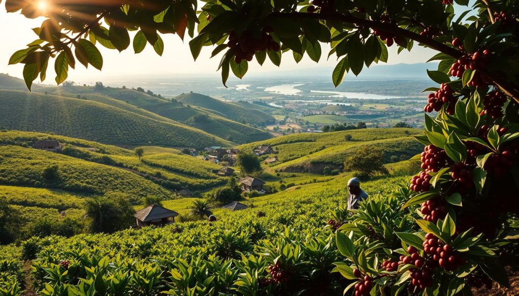Lush, verdant coffee farms sprawling across the rolling hills of Burundi, with rows of vibrant green bushes dotting the landscape. Sunlight filters through the canopy, casting a warm, golden glow over the scene. In the foreground, workers carefully tend to the plants, their hands deftly pruning and picking the ripe, crimson berries. The mid-ground reveals a picturesque village, with traditional thatched-roof homes nestled among the fields. In the distance, the majestic Nile River winds its way through the countryside, a testament to the natural beauty of this East African nation. The atmosphere exudes a sense of tranquility and the vibrant energy of the thriving coffee industry, capturing the essence of Burundi's specialty coffee production.