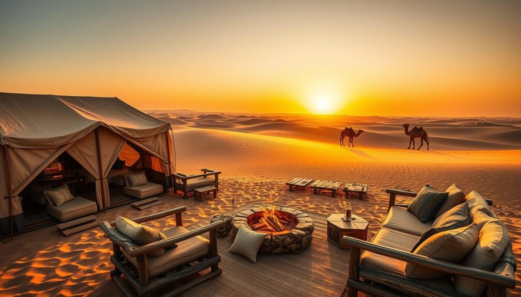 Luxury desert camps nestled amidst the rugged terrain of Chad, a serene oasis of comfort and tranquility. Sweeping panoramic views of the vast, golden sands, accentuated by the warm, golden hour lighting. Elegant canvas tents with plush furnishings, casting soft shadows across the sand. A crackling campfire casts a cozy glow, surrounded by weathered wooden furniture. In the distance, a lone camel silhouetted against the setting sun, capturing the essence of this remote, yet refined desert retreat. Crisp, high-resolution photography, with a shallow depth of field to emphasize the peaceful atmosphere.
