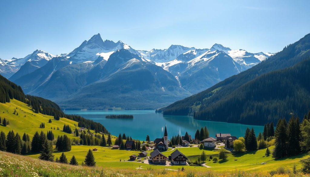 Majestic peaks of the Bavarian Alps rise into the crisp, azure sky, their snow-capped summits glistening in the golden sunlight. Rolling green meadows dotted with wildflowers cascade down the mountainsides, leading to a tranquil, crystal-clear lake mirroring the dramatic landscape. Towering evergreen forests line the shores, casting soft, dappled shadows across the serene waters. A picturesque, traditional Bavarian village nestles at the base of the mountains, its charming timber-framed buildings and ornate church spire completing the breathtaking, idyllic scene. Capture the essence of Bavaria's stunning natural beauty in a wide, panoramic composition.